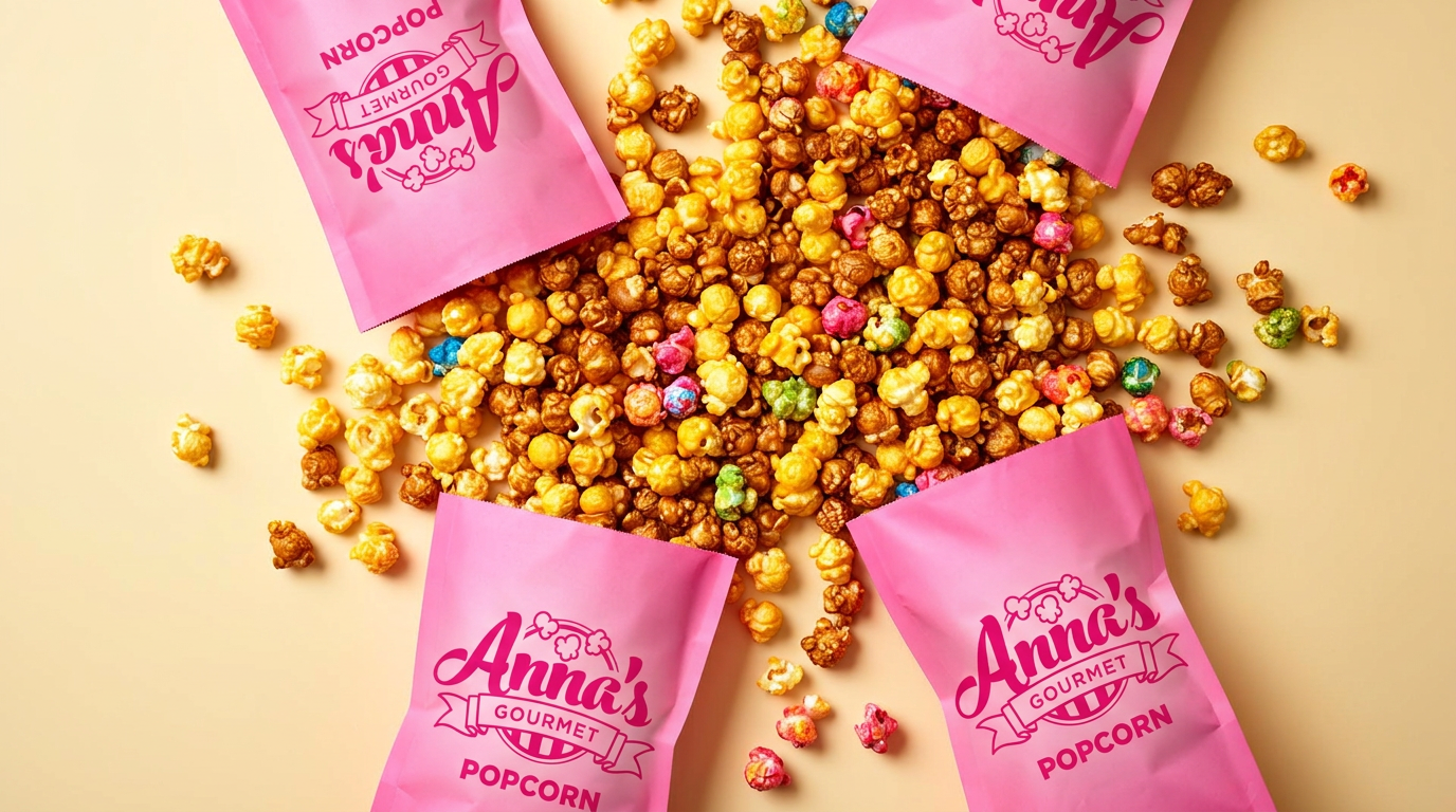 Pink craft bags of gourmet popcorn spilling caramel and colorful kernels onto a cream background