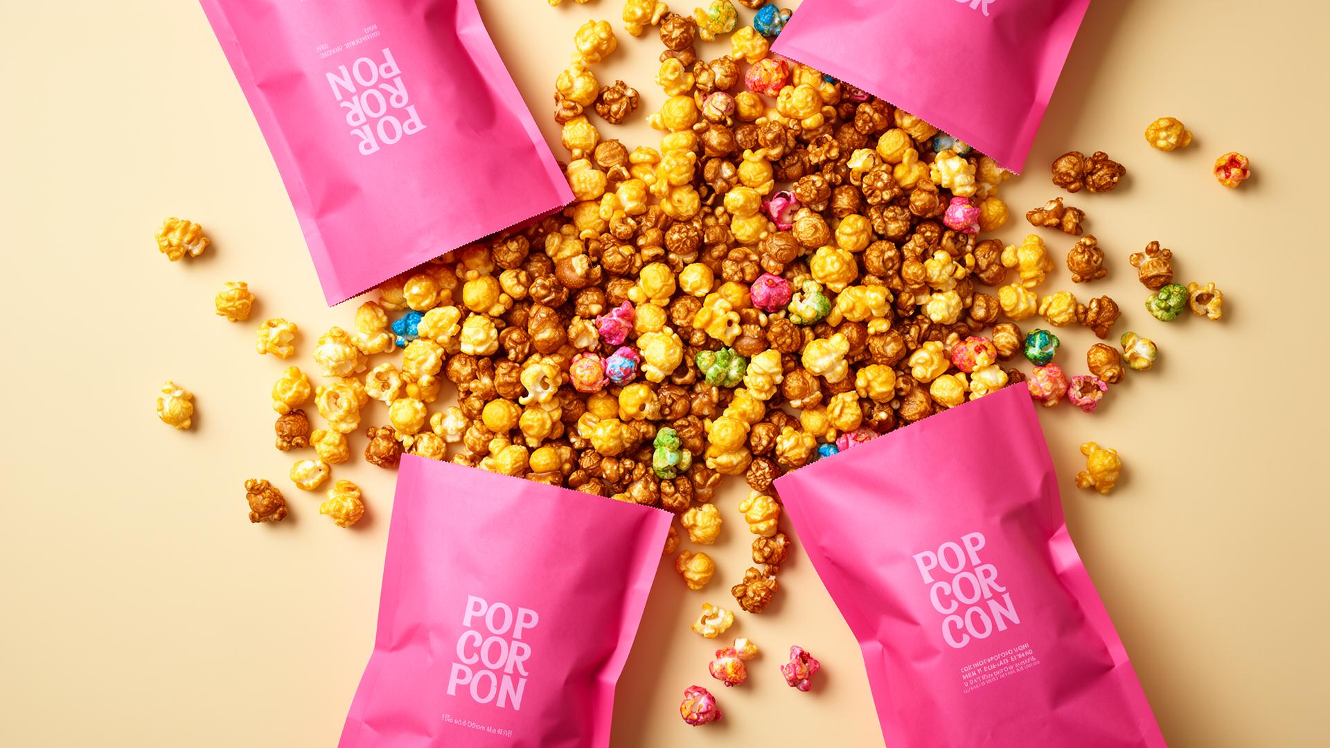 Pink craft bags of gourmet popcorn spilling caramel and colorful kernels onto a cream background